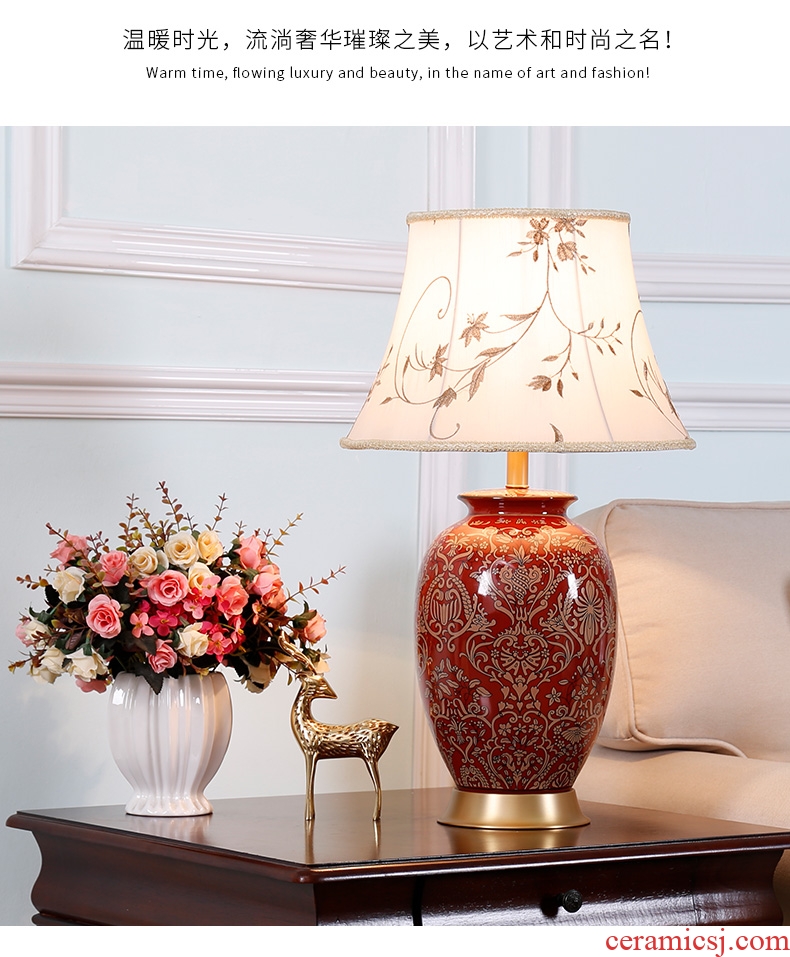 New Chinese style ceramic desk lamp American bedroom berth lamp sitting room study creative sweet and romantic European - style key-2 luxury decoration