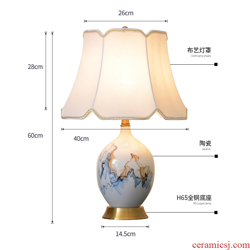 New Chinese style ceramic desk lamp sitting room bedroom berth lamp American contracted study adornment retro sweet full copper lamp