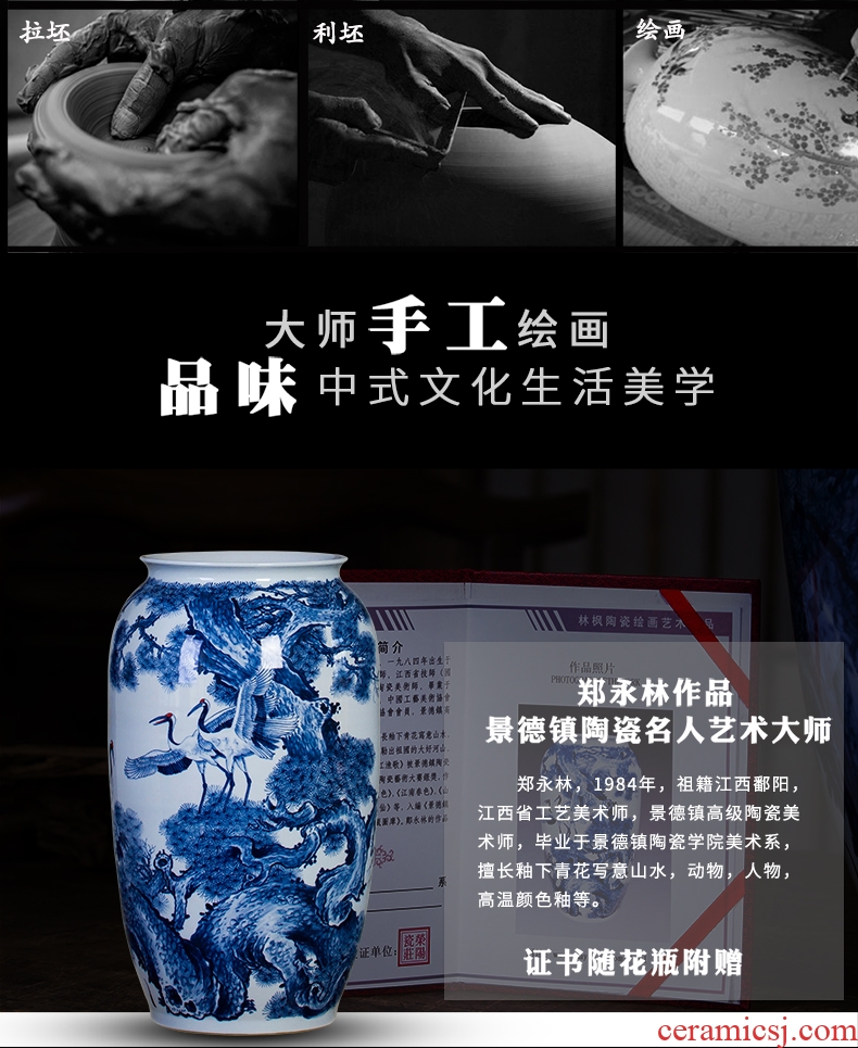 Bx jingdezhen ceramics hand-painted ground of blue and white porcelain vase pine crane live home sitting room adornment is placed