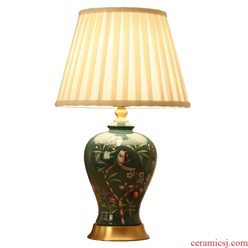 American desk lamp light of new Chinese style of bedroom the head of a bed European rural marriage room made flowers and birds remote control all copper ceramic lamp
