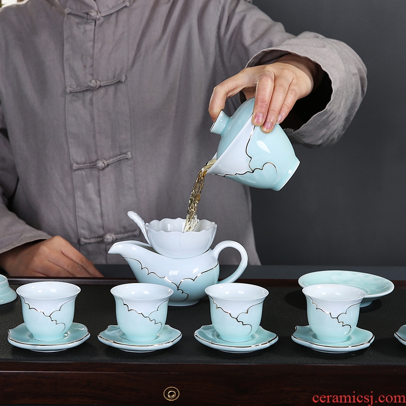 Auspicious edge celadon kung fu tea set hand - made paint ceramic tea creative hot teapot teacup of a complete set of prevention