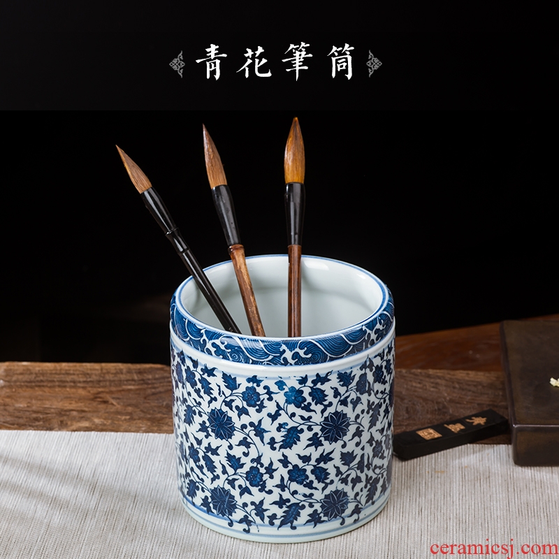 Jingdezhen ceramics small large blue pen container home office study adornment is placed on the the teacher students