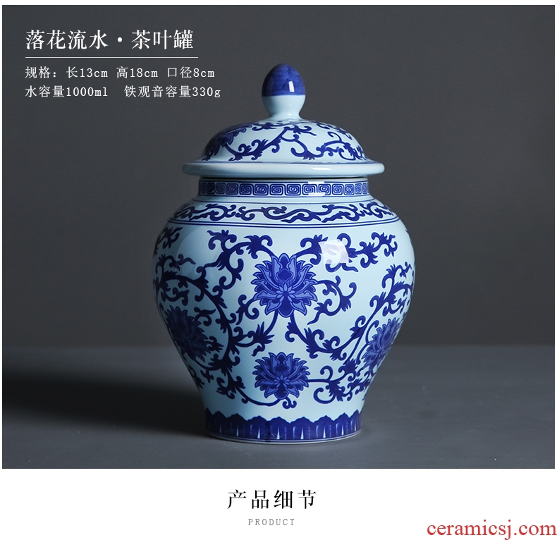 General auspicious edge caddy fixings ceramic blue and white porcelain jar with cover pot medium sealed storage tank pu - erh tea POTS