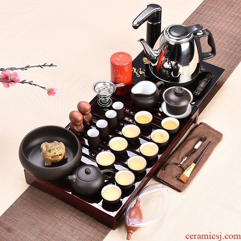 Tea tea set suit household kung fu tea cups purple ceramic teapot tea ceremony of a complete set of contracted solid wood tea tray