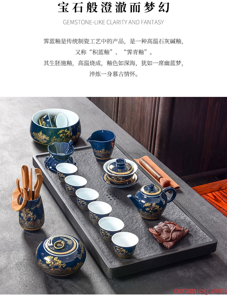 Tao blessing ji blue glaze ceramic tea set home a whole set of kung fu tea set of blue and white porcelain teapot teacup group