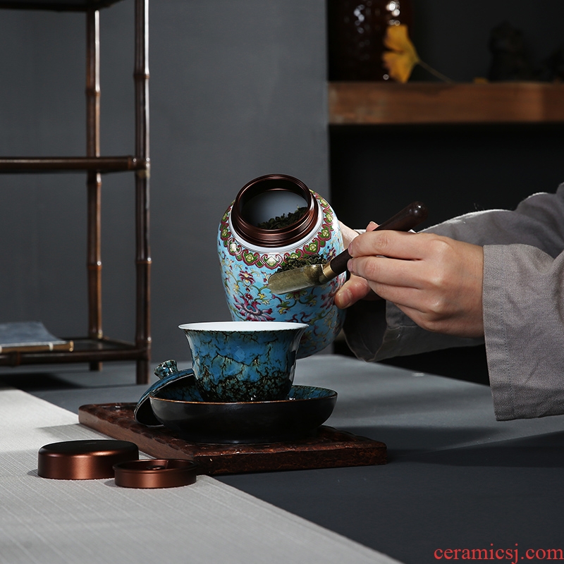Auspicious edge enamel made ceramic tea pot double metal cover inside cover sealed tank, storage POTS