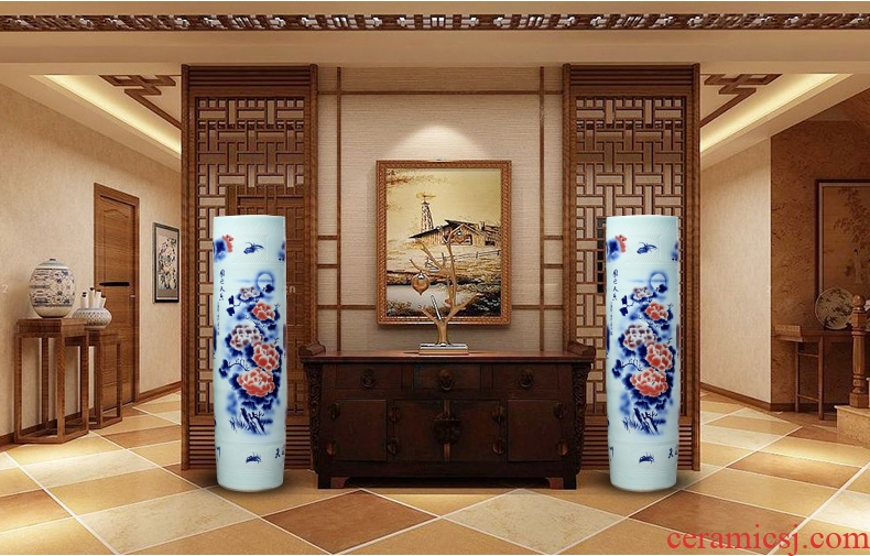 Jingdezhen ceramics hand - made landing big vase peony lotus sword barrel all hand carved quiver opening furnishing articles