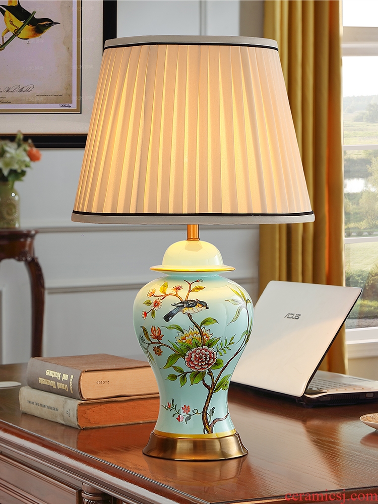 Modern new Chinese style ceramic desk lamp American creative hand - made painting of flowers and restoring ancient ways continental warm sitting room bedroom berth lamp