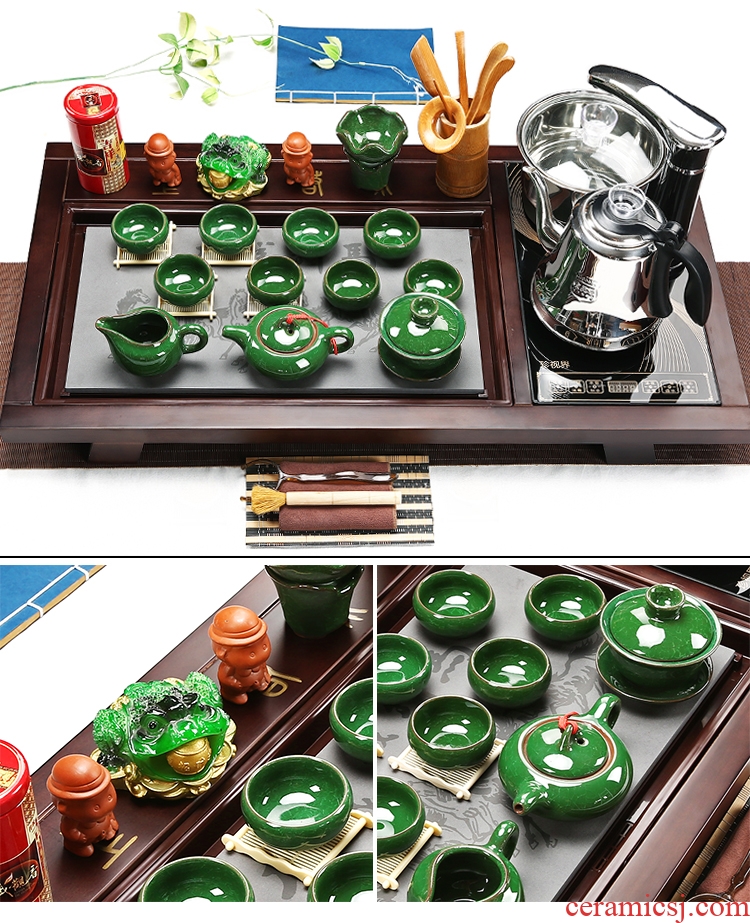 Kung fu tea set suit household automatic snap a set of solid wood tea tray ceramic teapot tea cups of tea