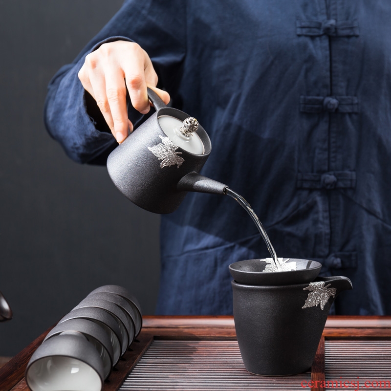 Ceramic household kung fu tea set tureen coarse pottery cups of black tea tray was Japanese side teapot contracted drainage