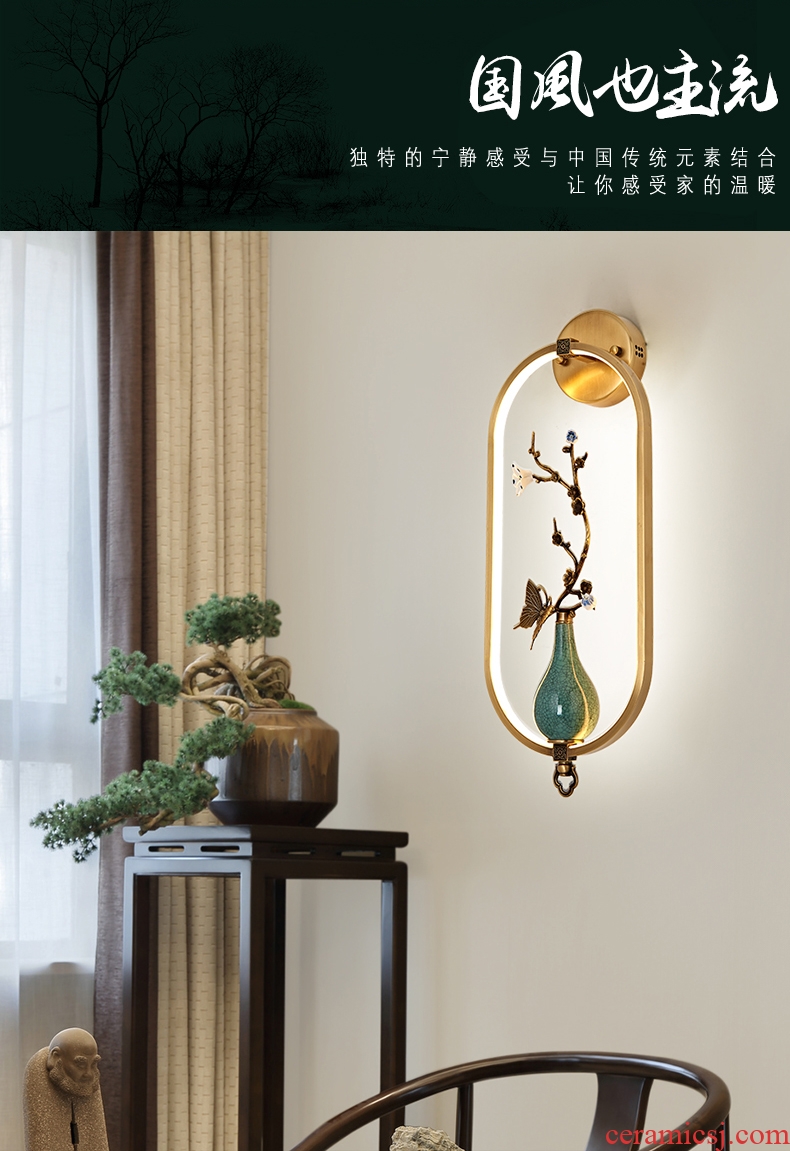 New Chinese style ceramic wall lamp all copper zen Chinese wind creative personality sitting room bedroom study club villa hotel