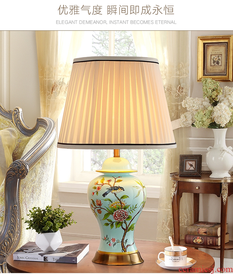 Modern new Chinese style ceramic desk lamp American creative hand - made painting of flowers and restoring ancient ways continental warm sitting room bedroom berth lamp