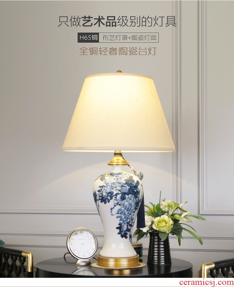 New Chinese blue and white porcelain ceramic desk lamp luxury villa living room atmosphere all copper chandelier lamp of bedroom the head of a bed