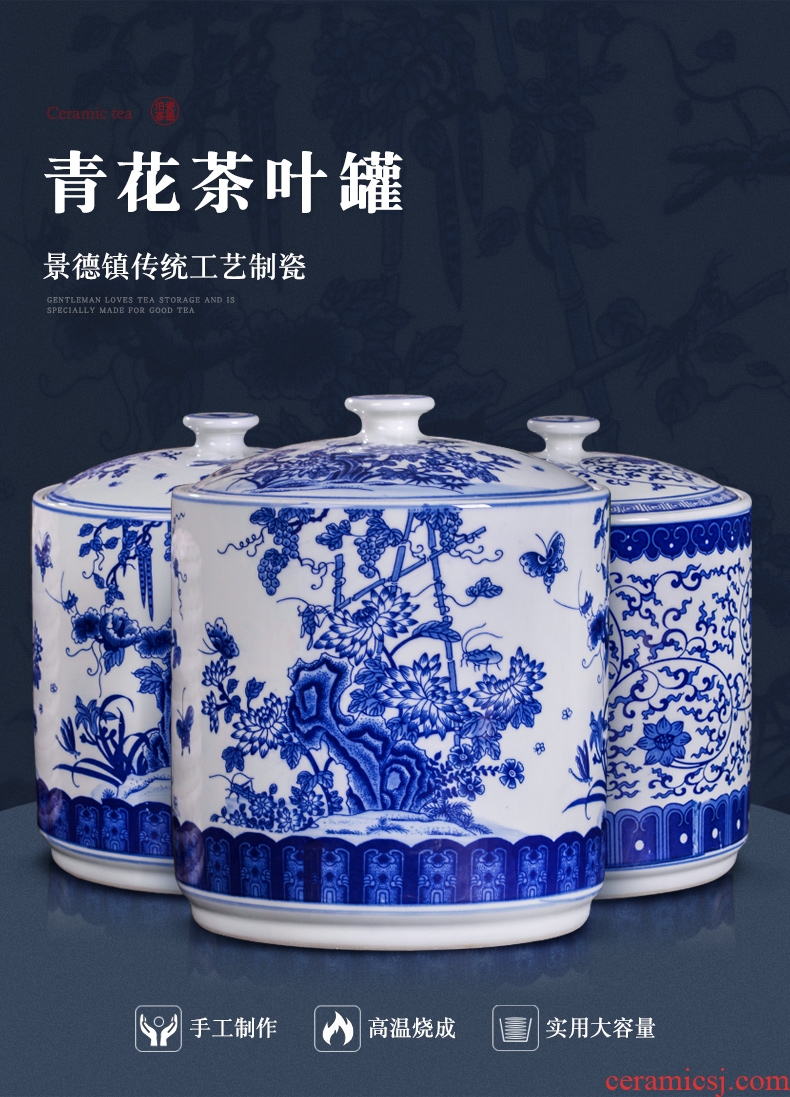 Blue and white porcelain of jingdezhen ceramics furnishing articles large caddy pu-erh tea cake tea box store receives tea cake storage jar