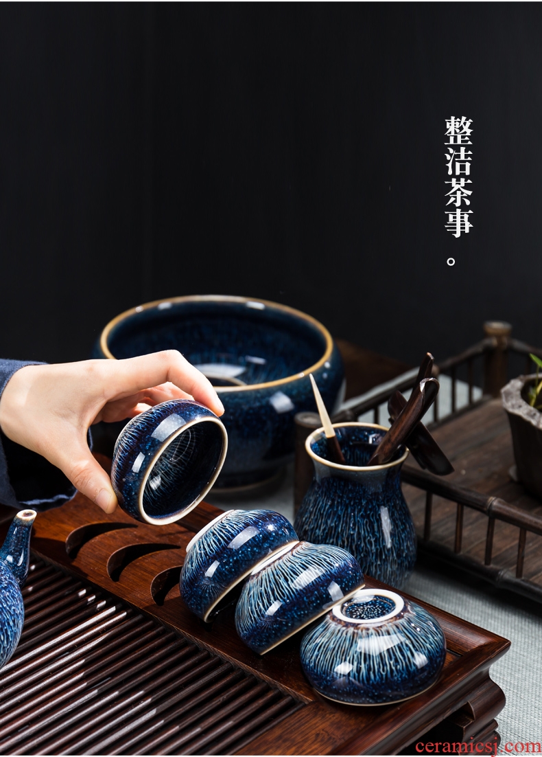 Jingdezhen kung fu tea set built lamp kiln ceramic household tea tray masterpieces temmoku glaze teapot teacup contracted