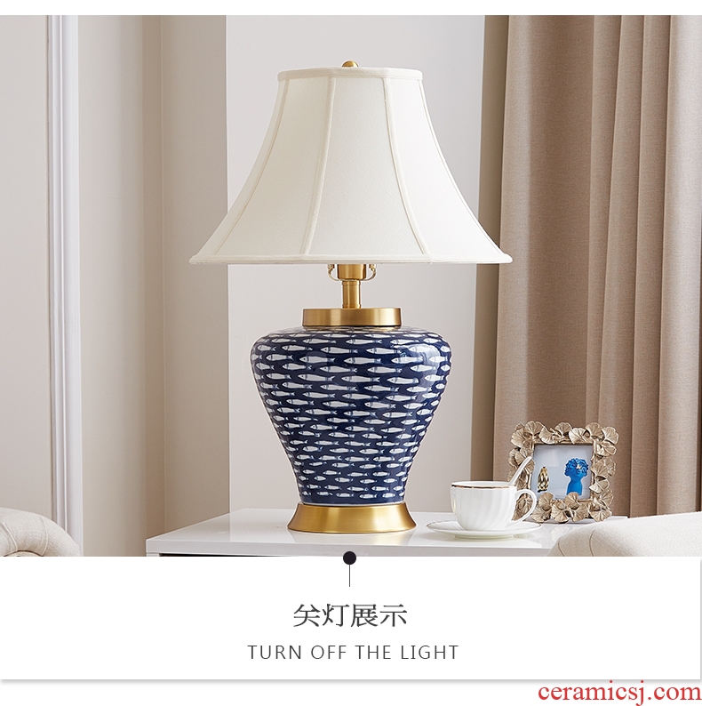 Sitting room lamp American I and contracted style bedroom whole copper creative hand - made of water - wave jingdezhen ceramic bedside lamp