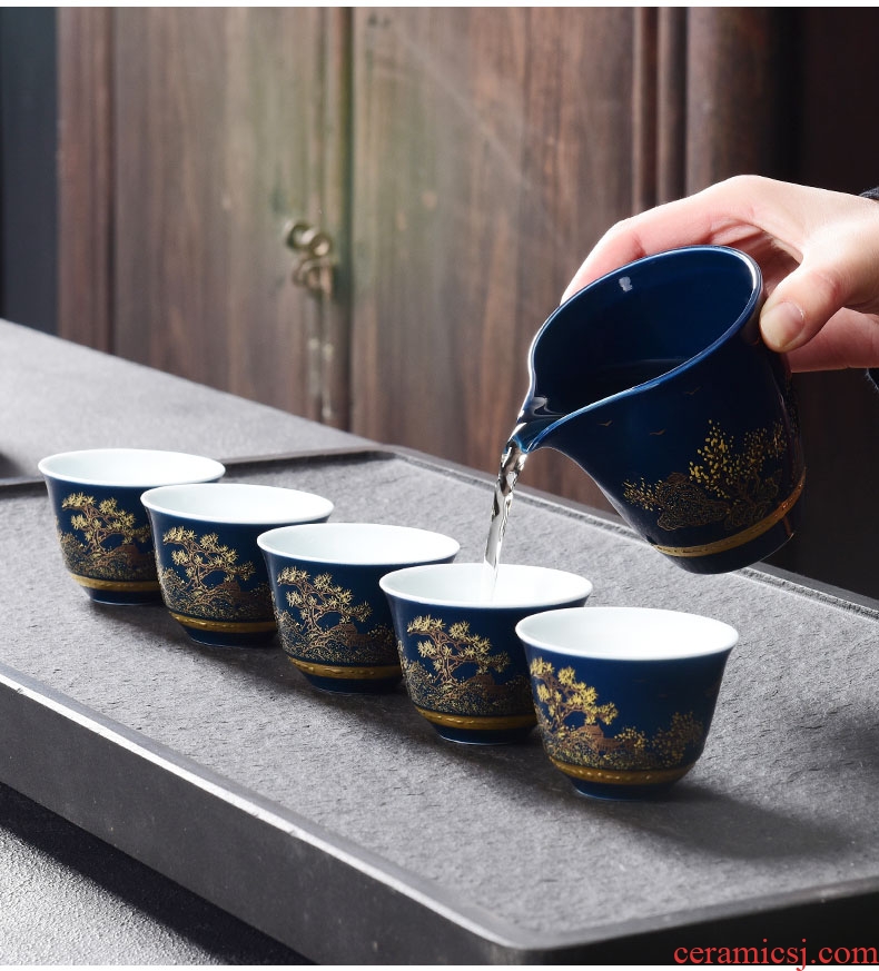 Tao blessing ji blue glaze ceramic tea set home a whole set of kung fu tea set of blue and white porcelain teapot teacup group