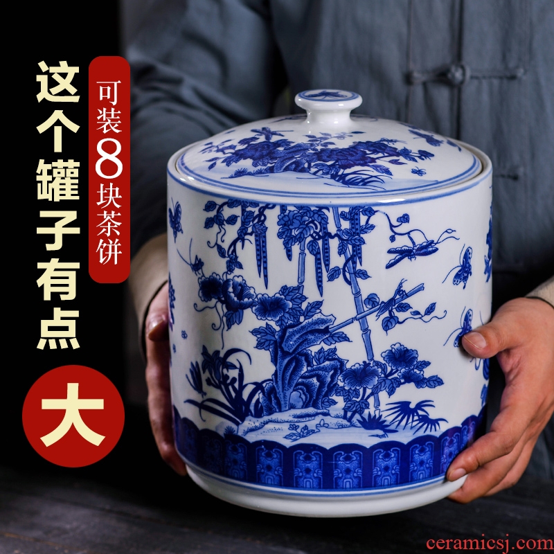 Blue and white porcelain of jingdezhen ceramics furnishing articles large caddy pu-erh tea cake tea box store receives tea cake storage jar