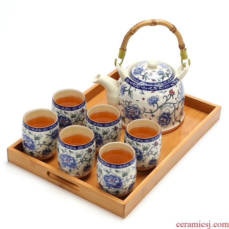 Girder of a complete set of blue and white porcelain pot of tea set high temperature resistant high-capacity teapot teacup ceramic cup tea restaurant
