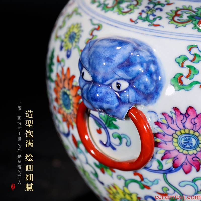 Jingdezhen ceramic hand-painted color bucket ears bottle of flower arranging decorative vase new Chinese style living room home furnishing articles