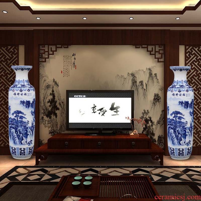 Blue and white porcelain of jingdezhen ceramics hand - made landscape painting of large vases, sitting room adornment hotel furnishing articles