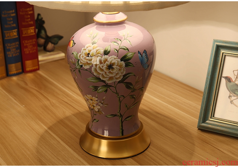 American desk lamp light of new Chinese style of bedroom the head of a bed European rural marriage room made flowers and birds remote control all copper ceramic lamp