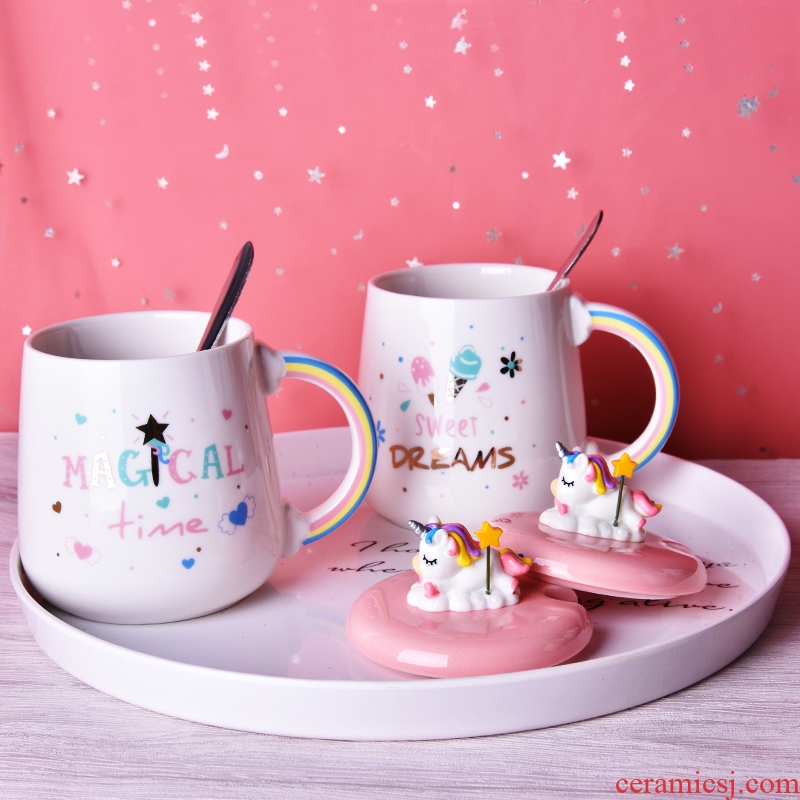 Children cute cartoon mark cup women with cover teaspoons of creative household ceramic cup oats milk drink a cup of coffee