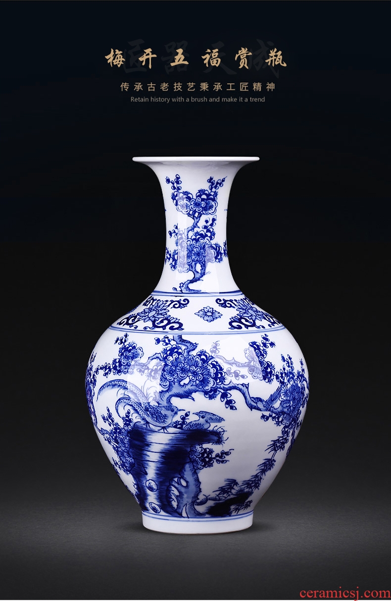 Jingdezhen ceramics hand - made archaize sitting room place, blue and white porcelain vase flower arrangement of Chinese style household adornment rich ancient frame