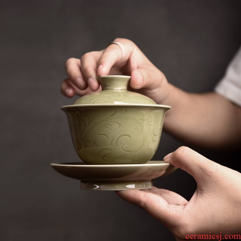 Longquan celadon tureen hand cut a large ceramics burn only three bowl of single kung fu tea tea bowl of the up