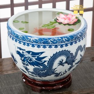 Jingdezhen ceramic aquarium goldfish large blue and white turtle slept GangPen bowl lotus refers to basin of lotus cylinder betelnut POTS