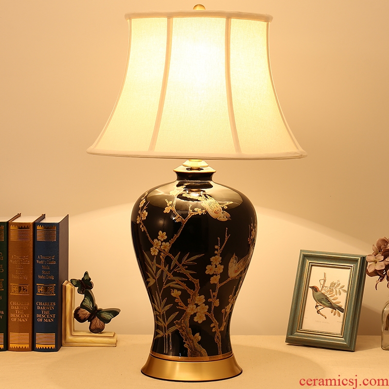 The Desk lamp of bedroom the head of a bed lamp new Chinese American sitting room of Europe type restoring ancient ways of rural black flowers and birds all copper ceramic Desk lamp