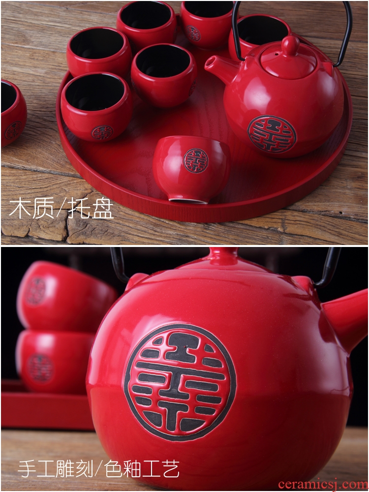 China red double happiness ceramic worship wedding tea cup pot wedding gifts supplies wedding gift gift set