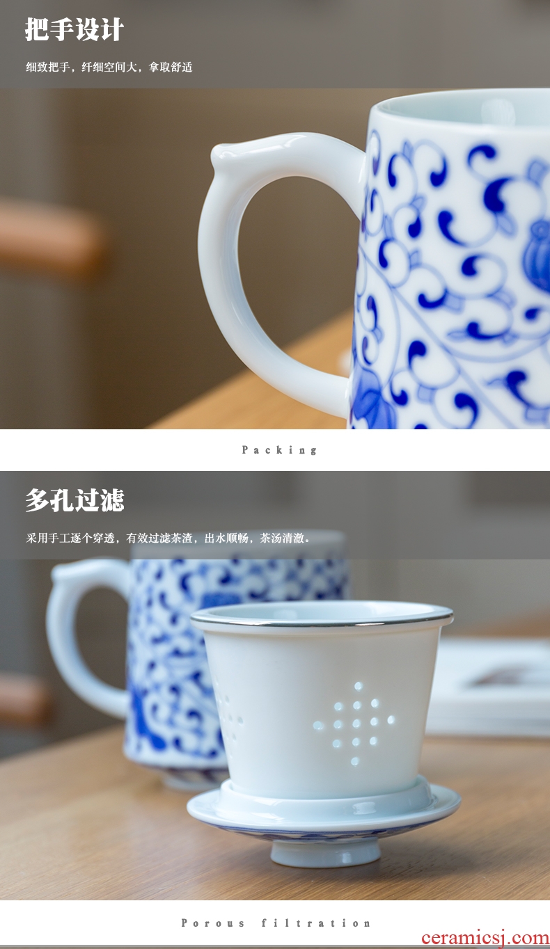 Household ceramics filter glass tea cup with cover cup office meeting cup glass separation of blue and white porcelain tea set