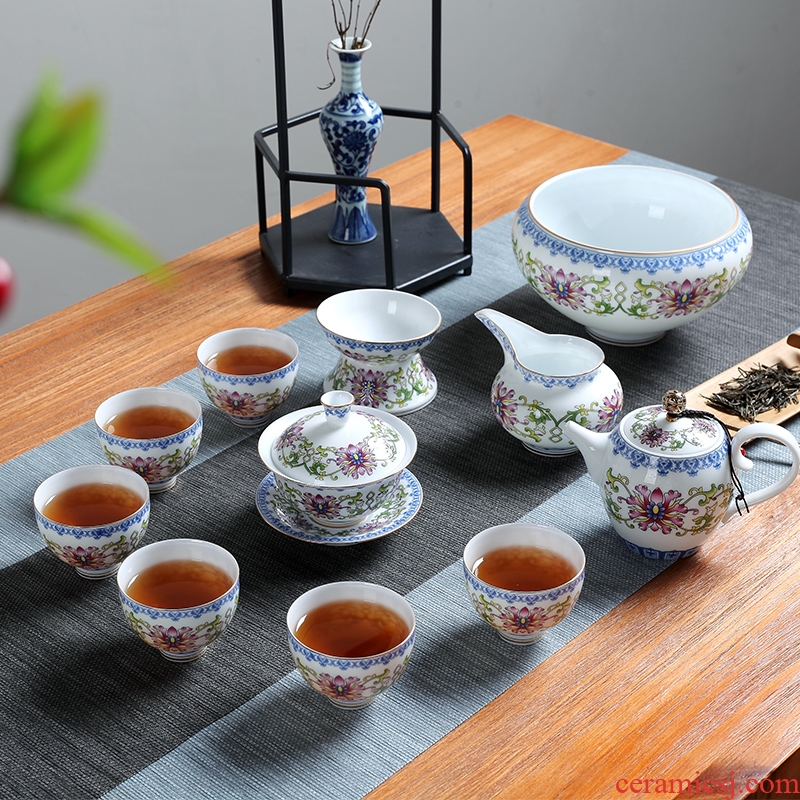 DH jingdezhen archaize home of kung fu tea set a complete set of ceramic powder enamel tureen teapot teacup office