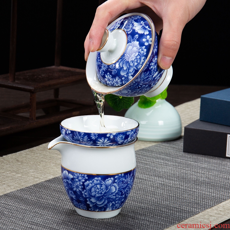 Blue and white porcelain ronkin kung fu tea bowl of a complete set of tea cups sea home tea teapot suits