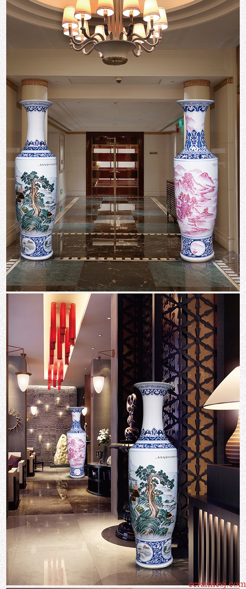American light key-2 luxury new Chinese golden flower arranging large ceramic floor vase modern hotel home sitting room porch decoration - 598314981133