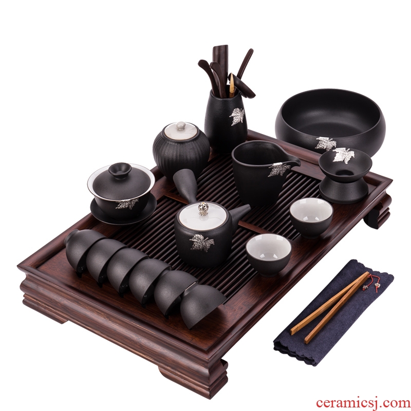 Ceramic household kung fu tea set tureen coarse pottery cups of black tea tray was Japanese side teapot contracted drainage