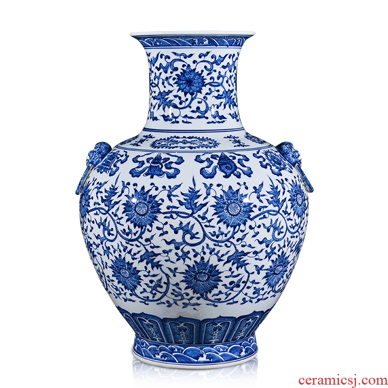 Jingdezhen ceramics antique blue - and - white bound branch lotus lion shell of large vases, Chinese style household decorations furnishing articles