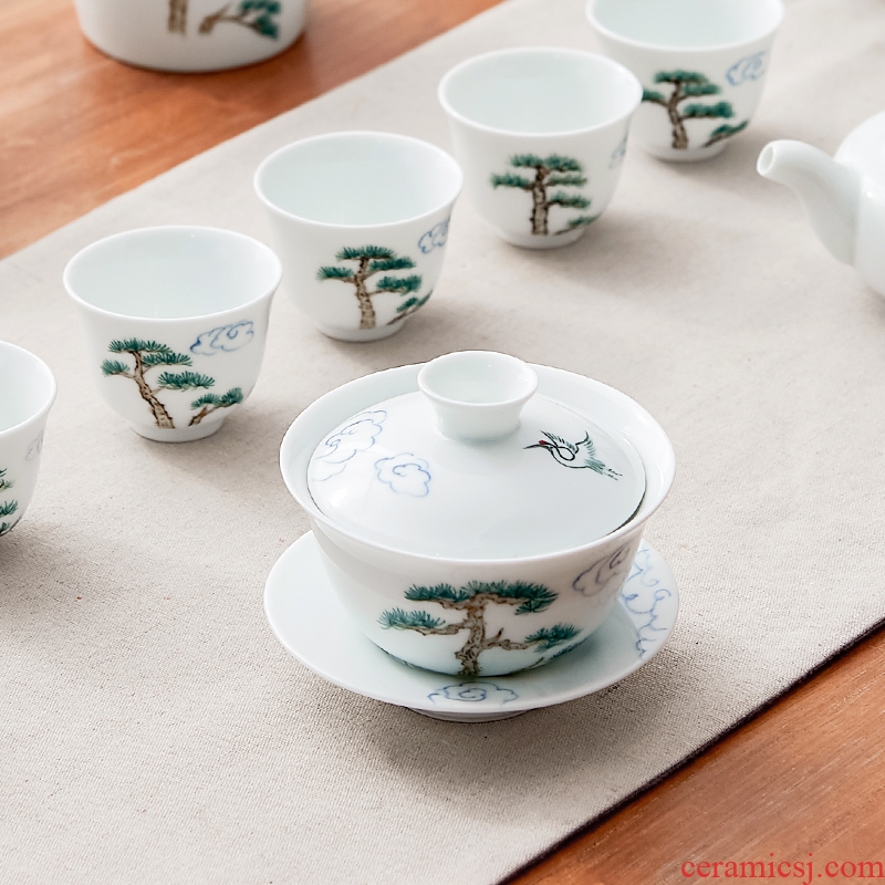 Qiu childe ceramic kung fu tea set hand-painted tureen tea bowls white porcelain cups three bowl to bowl hand grasp bowl contracted