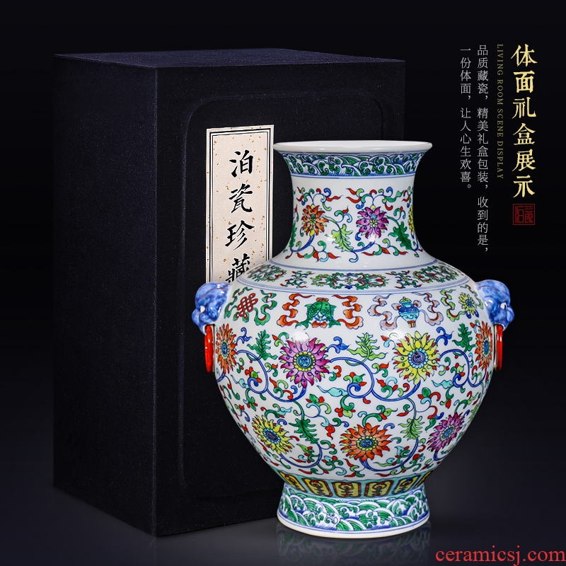 Jingdezhen ceramic hand-painted color bucket ears bottle of flower arranging decorative vase new Chinese style living room home furnishing articles