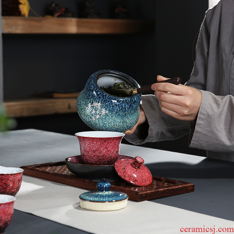 Auspicious edge in ceramic tea pot of red glaze with silver large storage seal pot home tea tea boxes