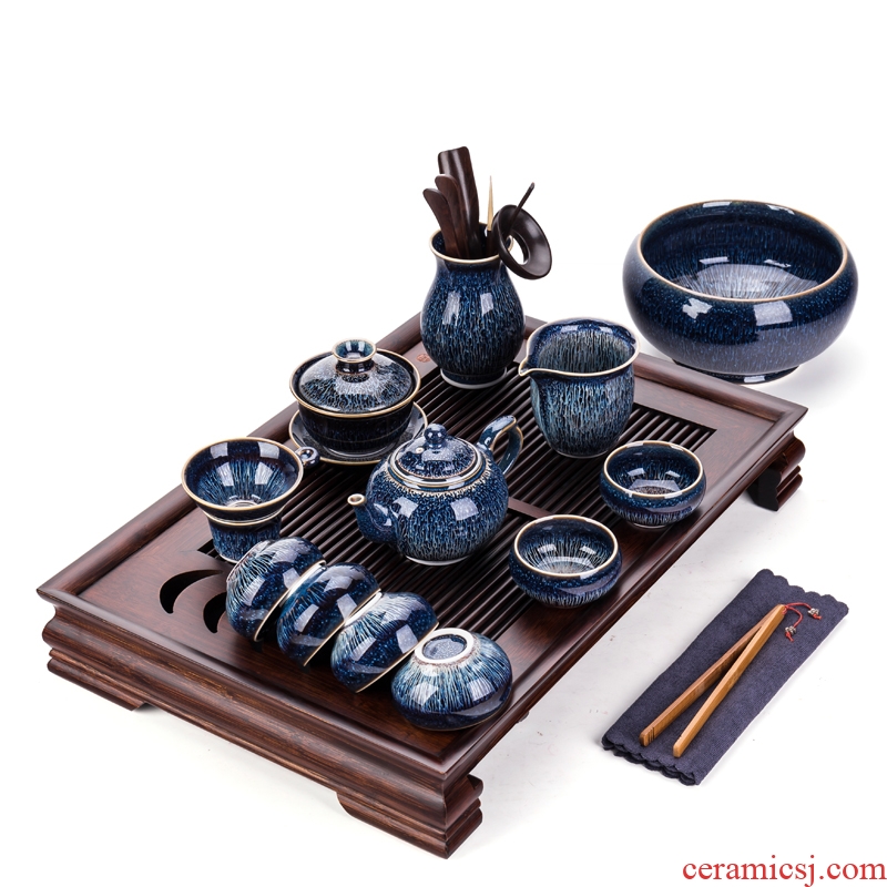 Jingdezhen kung fu tea set built lamp kiln ceramic household tea tray masterpieces temmoku glaze teapot teacup contracted