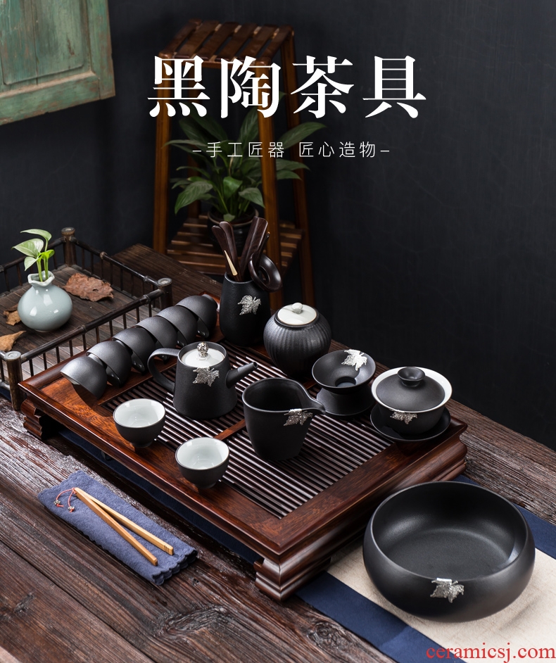 Ceramic household kung fu tea set tureen coarse pottery cups of black tea tray was Japanese side teapot contracted drainage