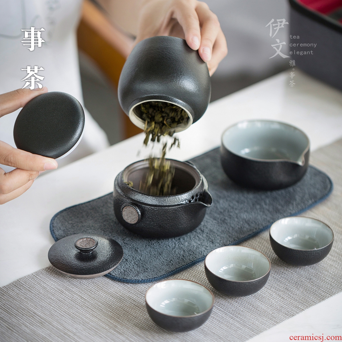 Evan ceramic kung fu tea set Japanese portable crack cup with caddy fixings contracted travel tea set outside