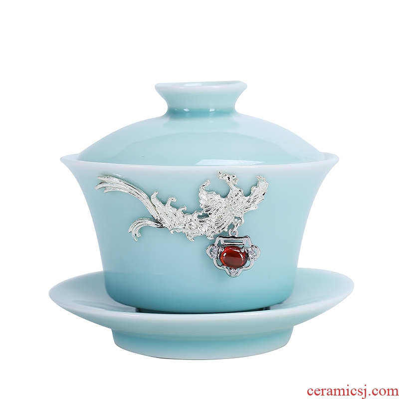 Auspicious edge silver celadon tureen ceramic bowl large kung fu tea tea bowl three cups to use hand grasp pot