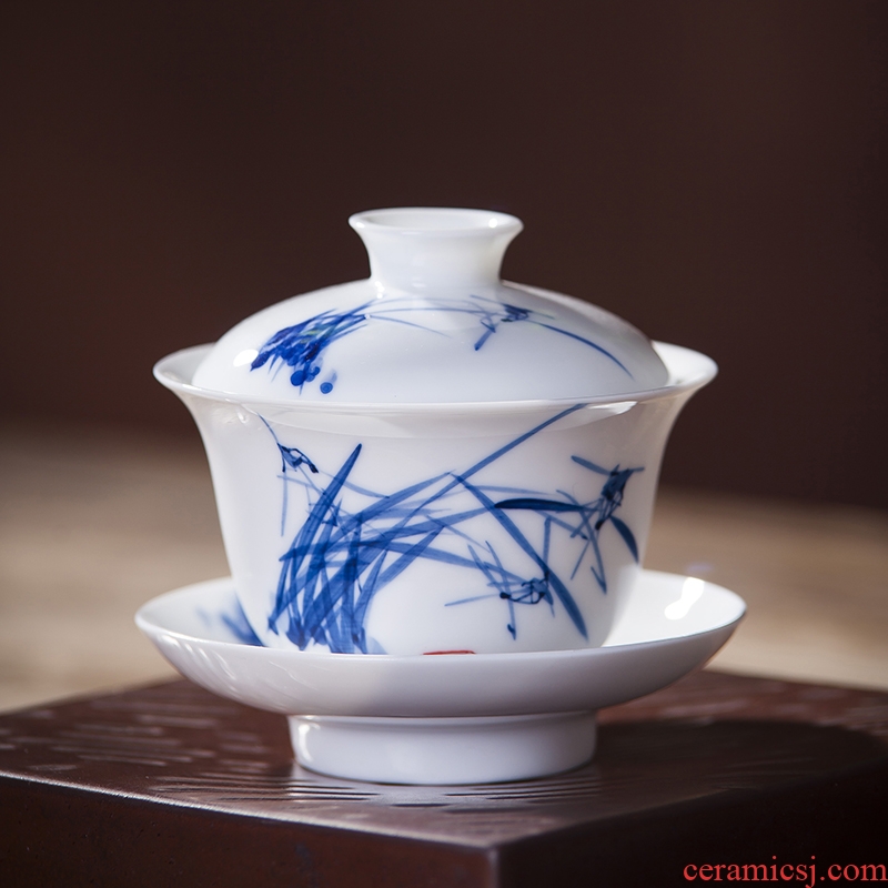 Jingdezhen ceramic hand-painted large three to kung fu tea tureen hand hand catch bowl of tea to tea cups