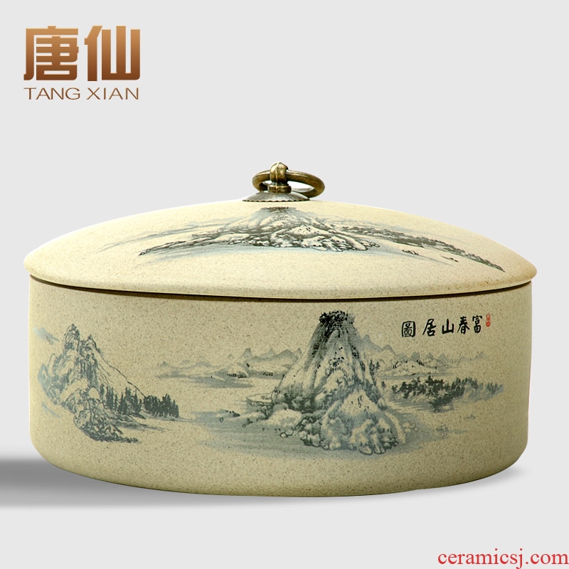 Tang Xian old rock, coarse pottery caddy large three layer pu 'er hand-painted ceramic POTS tea cake tea leaf tank storage box