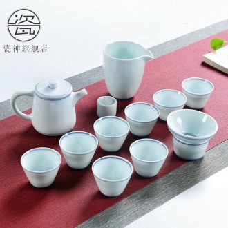 Porcelain god home empty blue color contracted ceramic kung fu tea sets lid bowl gift leather gift