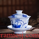Jingdezhen ceramic tureen kung fu tea tea cups three bowl of blue and white worship hand grasp bowl is small cups