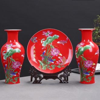 Jingdezhen ceramics red every year more than three - piece decorative plate of vases, flower arrangement sitting room adornment is placed